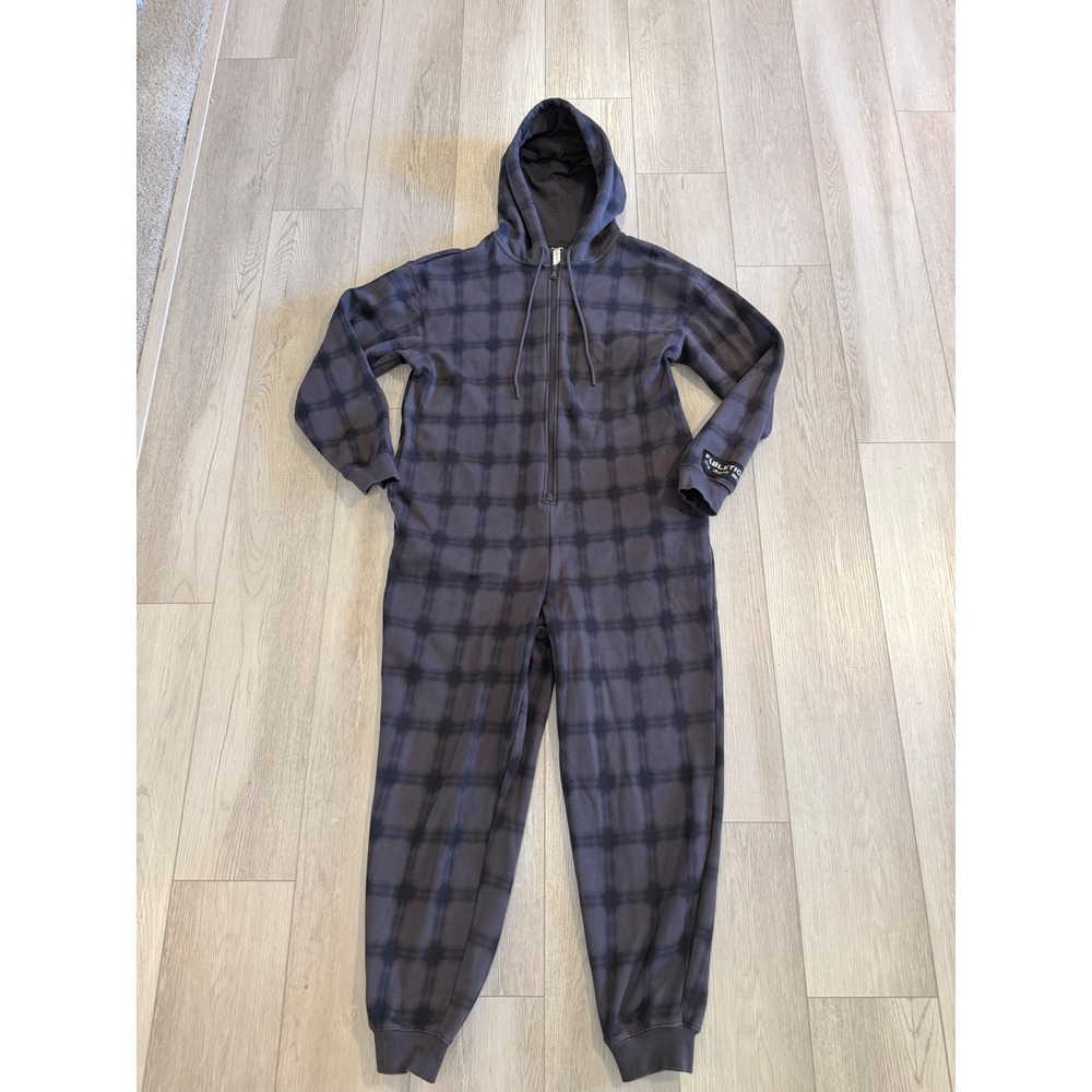 Fabletics Luxe 360 Hooded Jumpsuit Windowpane Grid Fleece Lined Womens L Gray
